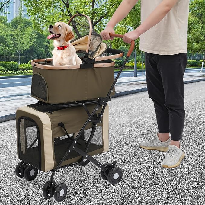 2-Layers Pet Stroller for 2 Cats/Dogs,Foldable Lightweight 77lbs Capacity Carrier, 4 Wheels, Removable Basket &amp; Storage Pocket,for Small Pets (Green)