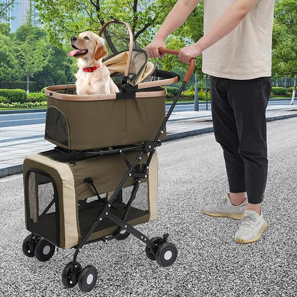 2-Layers Pet Stroller for 2 Cats/Dogs,Foldable Lightweight 77lbs Capacity Carrier, 4 Wheels, Removable Basket &amp; Storage Pocket,for Small Pets (Green)