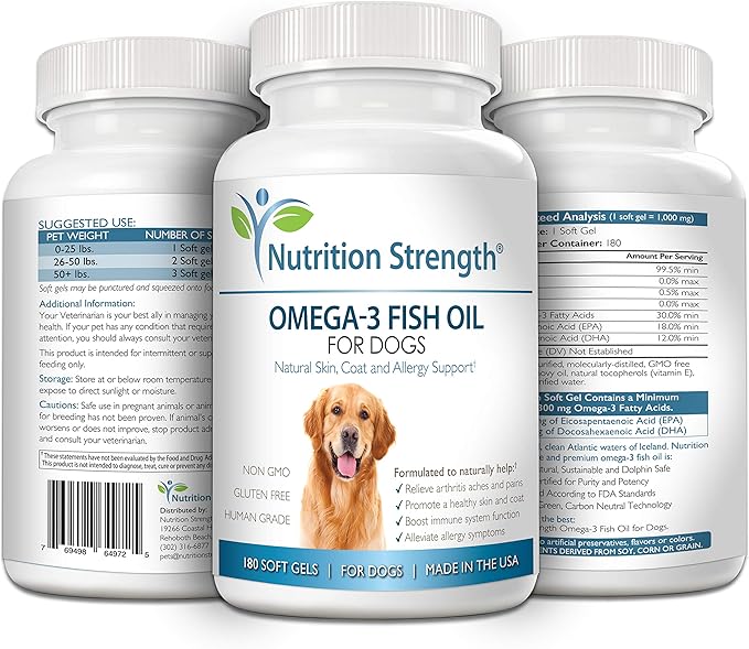 Omega 3 Fish Oil Soft Gels for Dogs with EPA &amp; DHA Fatty Acids for Heart, Skin, Coat &amp; Allergy Support, Hip &amp; Joint &amp; Arthritis Dog Supplement, 180 Soft Gels
