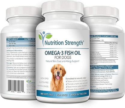Omega 3 Fish Oil Soft Gels for Dogs with EPA &amp; DHA Fatty Acids for Heart, Skin, Coat &amp; Allergy Support, Hip &amp; Joint &amp; Arthritis Dog Supplement, 180 Soft Gels