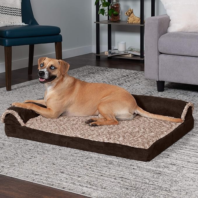 Furhaven Cooling Gel Dog Bed for Large/Medium Dogs w/ Removable Bolsters &amp; Washable Cover, For Dogs Up to 55 lbs - Two-Tone Plush Faux Fur &amp; Suede L Shaped Chaise - Espresso, Large