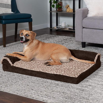 Furhaven Cooling Gel Dog Bed for Large/Medium Dogs w/ Removable Bolsters &amp; Washable Cover, For Dogs Up to 55 lbs - Two-Tone Plush Faux Fur &amp; Suede L Shaped Chaise - Espresso, Large