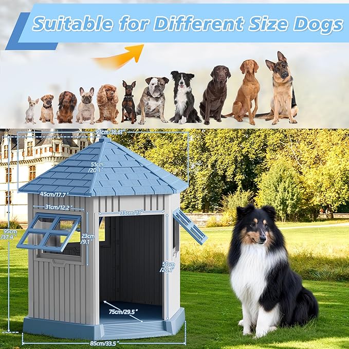 Durable Dog House Indoor Outdoor for Small Medium Dogs, Weatherproof Puppy Shelter with Elevated Floor &amp; Air Vents, Easy Clean and Assemble (Blue, 36.61L*29.5W*37.4H)