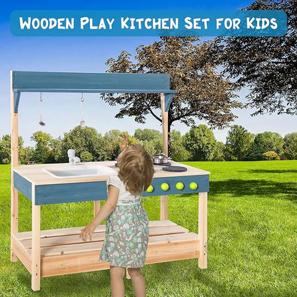 Mud Kitchen Playset for, Outdoor Wooden Toy Play Kitchen Set for Boys and Girls, Kitchen Accessories and Garden Sink with Faucet, Blackboard, Cookware Pot (Blue1)