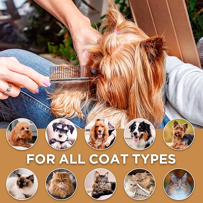Takavu Double-Sided Metal Pet Comb for Dogs &amp; Cats - Stainless Steel Teeth for Detangling, Removing Loose Hair &amp; Flea Check - Grooming Tool