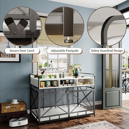 Dog Crate Furniture, 48" Heavy Duty Wooden Dog Crate End Table, XL Dog Kennel Furniture Large Breed, Decorative Dog Kennel Indoor with 3 Drawers &amp; Steel Tube 48"L x28"W x36"H (White and Black)