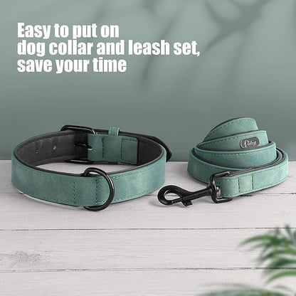 Didog Soft Padded Leather Dog Collar and Leash Set, Adjustable 4FT Faux Leather Dog Leash and Collar Set with Metal Buckle for Small Medium Large Dogs, Green, L