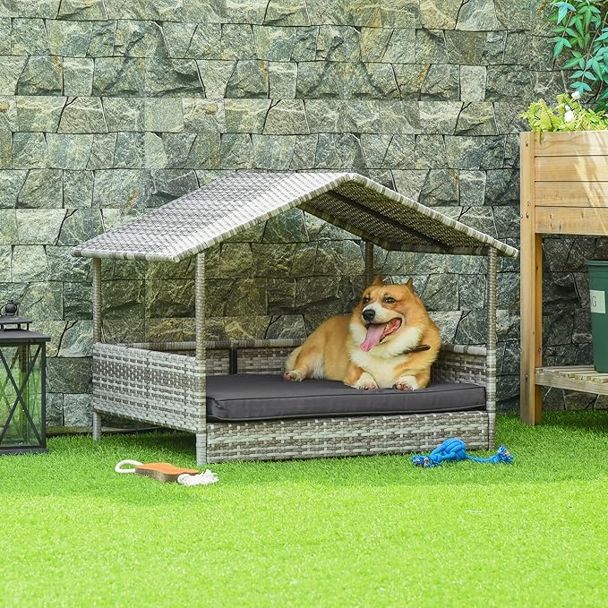 PawHut Wicker Dog House Outdoor with Canopy, Rattan Dog Bed with Water-Resistant Cushion, Raised Dog Bed for Small, Medium Dogs up to 66 lbs, 19.75" in Length, Gradient Gray Wicker &amp; Cushion