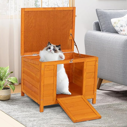 COZIWOW 24inches Wooden Catio Outdoor Cat House Small Animal House，Rabbit Hutch Indoor，Stable Weatherproof Bunny Cage Pet Shelter for Small Cat Dog Rabbit Guinea Pig(Orange)