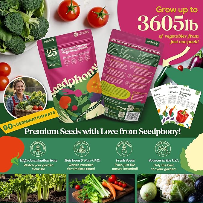 25 Gourmet Garden Vegetable Seeds Variety Pack - 14,965+ Non-GMO Heirloom Vegetables Seeds for Planting Indoor&amp;Outdoor Home Garden Seeds - Gardening Seed Packets for Planting Vegetable Seeds