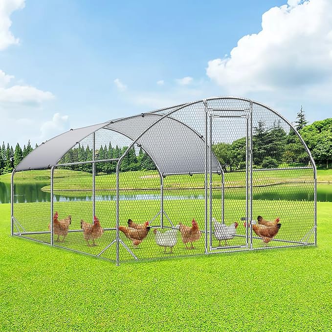 4ever2buy Large Metal Chicken Coop with Run Walk-in Poultry Cage Chicken Runs House Pen Cage Dome Roofed Chicken Coops with Anti-Ultraviolet Cover for Outdoor Yard Farm Use 9.5&