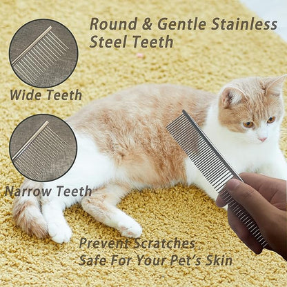 Cat Grooming Brush Kit 6 Tools - Deshedding &amp; Dematting for Long/Short Hair, Self-Cleaning Slicker Brush with 6-in-1 Flea Comb for Cats &amp; Kittens (White)