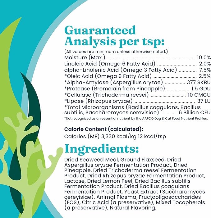 Solid Gold SeaMeal Cat Probiotic &amp; Dog Probiotics for Digestive Health - Kelp Powder Dog &amp; Cat Multivitamin Supplement w/Prebiotics &amp; Digestive Enzymes for Skin, Coat, &amp; Gut + Immune Support - 8oz