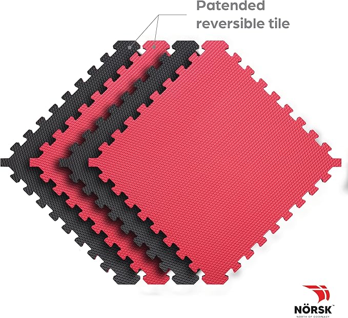 Norsk Reversible Gym Exercise Mats 3/4" Thick EVA Interlocking Foam Tiles, Perfect Gym Flooring for Home Gym, 4 Tiles &amp; 8 Trim Pieces, 16 Sq. Ft. 24"x24", Red/Black