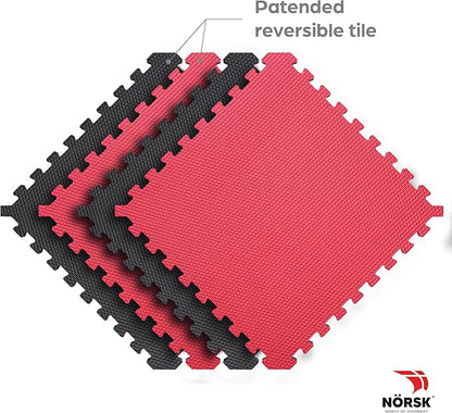 Norsk Reversible Gym Exercise Mats 3/4" Thick EVA Interlocking Foam Tiles, Perfect Home Gym Flooring, 24 Tiles &amp; 48 Trim Pieces, 96 Sq. Ft. Reversible, Red/Black