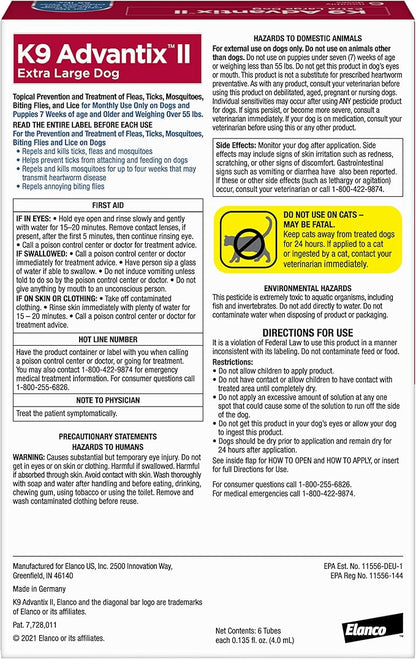 K9 Advantix II XL Dog Vet-Recommended Flea, Tick &amp; Mosquito Treatment &amp; Prevention | Dogs Over 55 lbs. | 6-Mo Supply (Pack of 2)