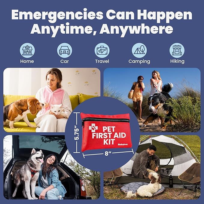 Dog First Aid Kit for Hiking &amp; Travel - Vet Approved Emergency Supplies - Pet First Aid Kit Guide, Tick Remover, Thermal Blanket &amp; More - Compact Dog Hiking Gear for Camping, Hunting, Backpacking
