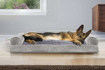 Furhaven Pillow Dog Bed for Large Dogs w/ Removable Bolsters &amp; Washable Cover - Faux Fur &amp; Velvet Sofa - Smoke Gray, Jumbo/XL