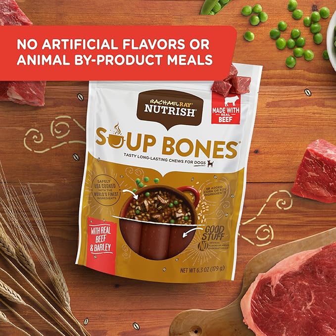 Rachael Ray Nutrish Soup Bones Dog Treats, Beef &amp; Barley Flavor, 6 Bones