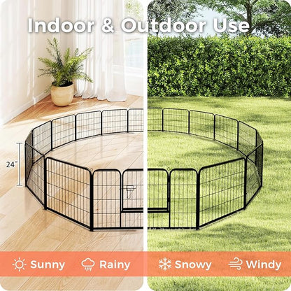 24 Inch Dog Playpen - 16 Panels Metal Pet Exercise Pen for Puppy, Indoor/Outdoor Dog Fence for Yard, Garden, Camping &amp; RV Travel