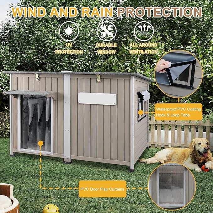 Weatherproof Outdoor Dog House, Wooden Puppy Shelter with Anti-Chewing Iron Frame and Elevated Floor, Sturdy Dog Kennel for Small, Medium &amp; Large Dogs, Grey (Gray, 51" L x 29" W x 32" H)