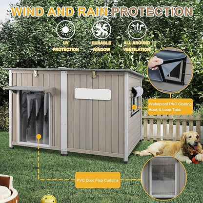 Weatherproof Outdoor Dog House, Wooden Puppy Shelter with Anti-Chewing Iron Frame and Elevated Floor, Sturdy Dog Kennel for Small, Medium &amp; Large Dogs, Grey (Gray, 51" L x 29" W x 32" H)