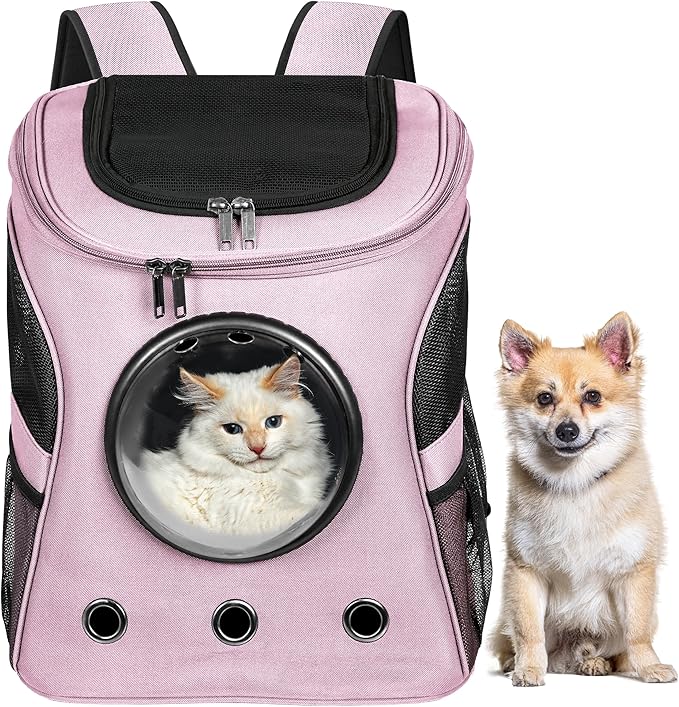 Cat Backpack Carrier, Airline Approved, Space Capsule Bubble Design, Ideal for Cats &amp; Dogs up to 28-35 lbs, with Strong Straps, Safety Zippers, Mesh, Comfortable for Hiking &amp; Travel (Pink)