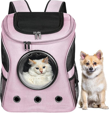 Cat Backpack Carrier, Airline Approved, Space Capsule Bubble Design, Ideal for Cats &amp; Dogs up to 28-35 lbs, with Strong Straps, Safety Zippers, Mesh, Comfortable for Hiking &amp; Travel (Pink)