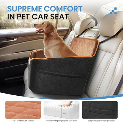 Dog Car Seat for Medium Dogs - Pet Car Seat with 2 Safety Straps &amp; Waterproof Padding, Portable Pet Carrier for Cars, Trucks &amp; SUVs, Comfortable Booster Bed for Pets Up to 55lbs (Black/Coffee)