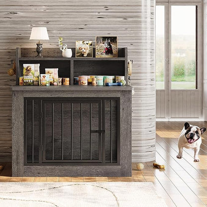 IRONCK Dog Crate Furniture, 33.4 inches Wooden Small Dog Crate with Storage and 4 Hooks, Heavy Duty Pet Crate for Small Dog, Decorative Pet Cage for Indoor (22" L x 33.4" W x 37.4" H)