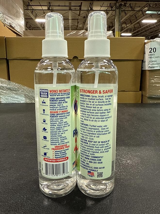 ZORBX Unscented Odor Eliminator for Strong Odor 7.5 Fl Oz Pack of 2 - Used in Hospitals &amp; Healthcare Facilities - Advanced Formula, Fast-Acting Odor Remover Spray for Dog, Cat, House &amp; Carpet