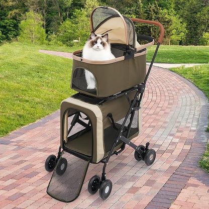 Double Pet Stroller with Detachable Carriers, Large Cat &amp; Dog Stroller with 4 Wheels, Foldable Pet Strollers Small &amp; Medium Dogs Cats 77lbs (Dark Green)