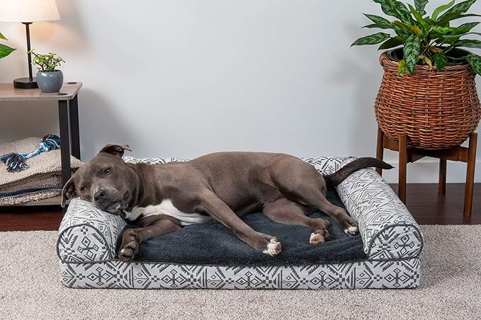 Furhaven Orthopedic Dog Bed for Large/Medium Dogs w/ Removable Bolsters &amp; Washable Cover, For Dogs Up to 55 lbs - Plush &amp; Southwest Kilim Woven Decor Sofa - Boulder Gray, Large