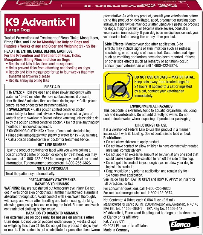 K9 Advantix II Large Dog Vet-Recommended Flea, Tick &amp; Mosquito Treatment &amp; Prevention | Dogs 21-55 lbs. | 4-Mo Supply (Pack of 2)