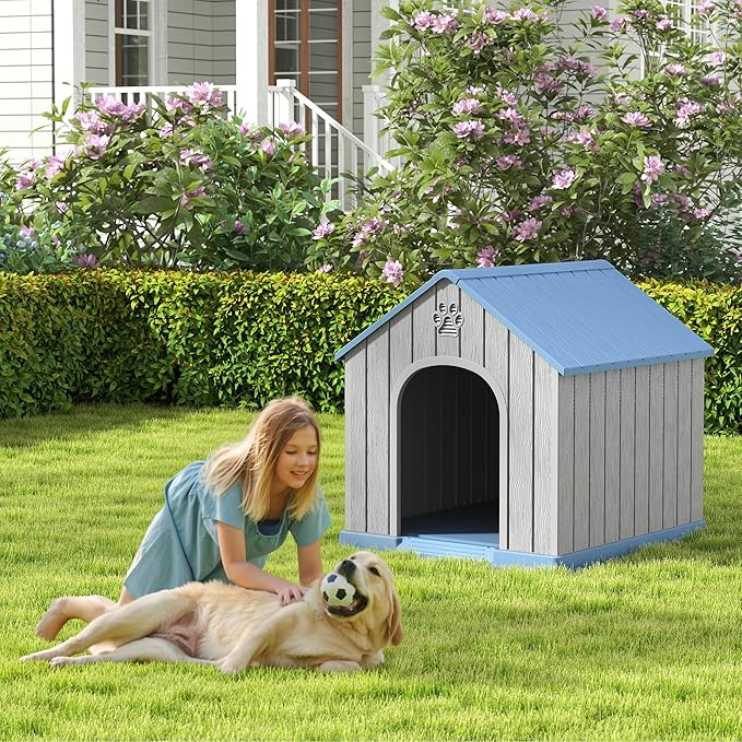 Large Outdoor Plastic Dog House - Indoor Outdoor Use for Medium &amp; Large Dogs, Durable Waterproof Doghouse with Air Vents, Elevated Floor, Easy to Clean &amp; Assemble(Blue2, 36.2&