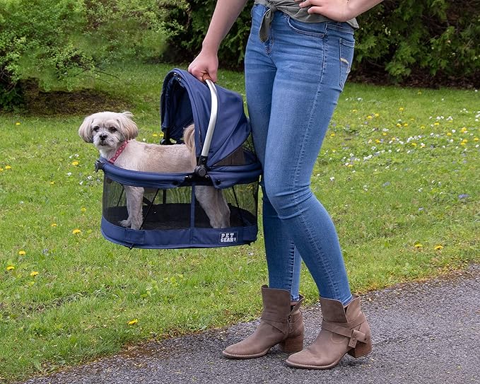 Pet Gear No-Zip View 360 Pet Safety Carrier &amp; Car Seat for Small Dogs &amp; Cats Push Button Entry, View 360 20-inch, Navy