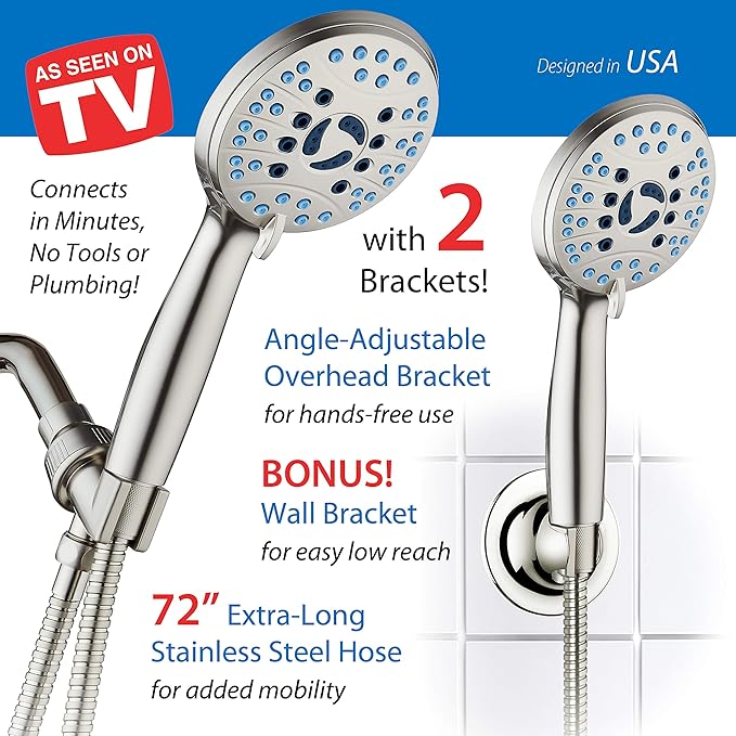 Hotel Spa AquaCare High Pressure 8-mode Handheld Shower Head - Anti-clog Nozzles, Built-in Power Wash to Clean Tub, Tile &amp; Pets, Extra Long 6 ft. Hose, Wall &amp; Overhead Brackets - 1.8 GPM