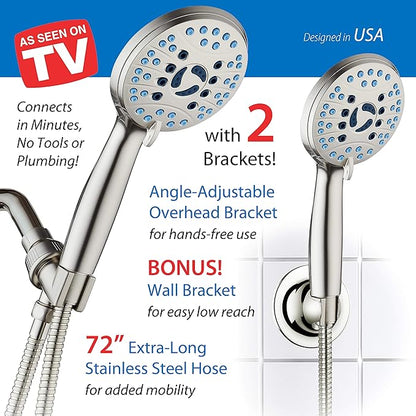 Hotel Spa AquaCare High Pressure 8-mode Handheld Shower Head - Anti-clog Nozzles, Built-in Power Wash to Clean Tub, Tile &amp; Pets, Extra Long 6 ft. Hose, Wall &amp; Overhead Brackets - 1.8 GPM