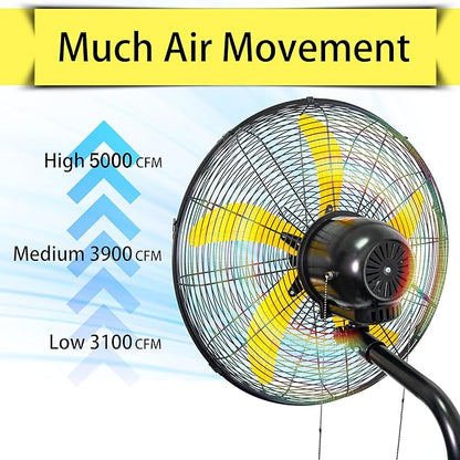 HiCFM 20" Oscillating Wall Mount Fan, 5000 CFM High Velocity Industrial Wall Mounted Heavy Duty Shop Fans with 3 Speed Settings 80° Oscillation for Commercial Garage Warehouse workshops Factory