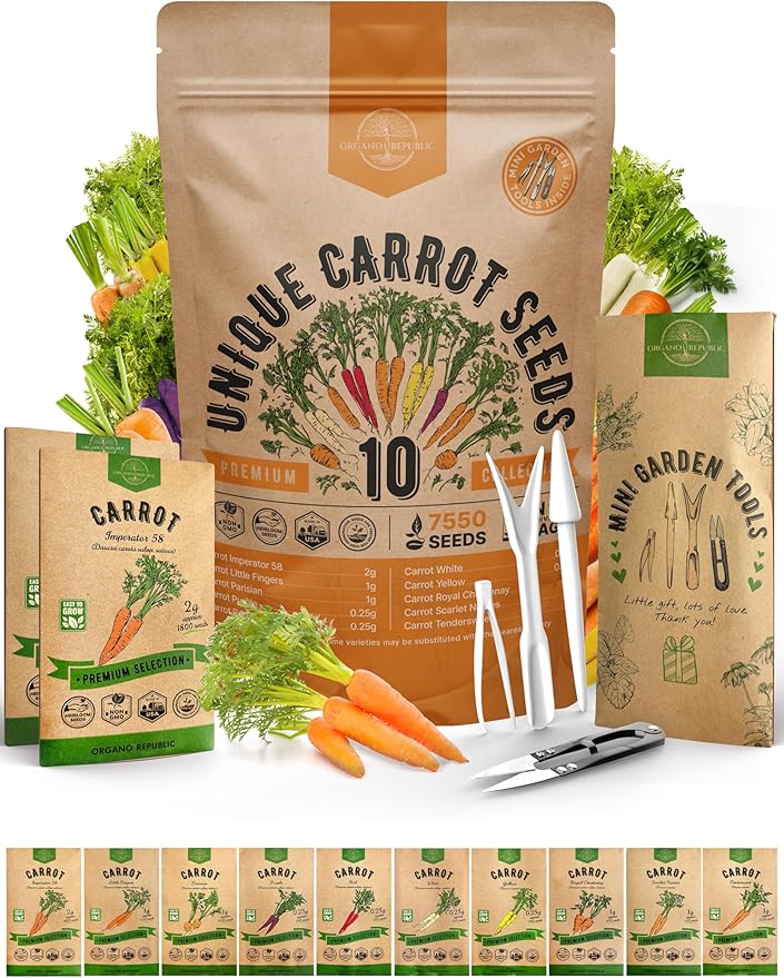 Organo Republic 10 Unique Carrot Seeds Variety Pack - 7,550+ Non-GMO Heirloom Carrot Seeds for Outdoor &amp; Indoor Home Gardening, Including Carrot Imperator 58, Little Fingers, Scarlet Nantes, Parisian