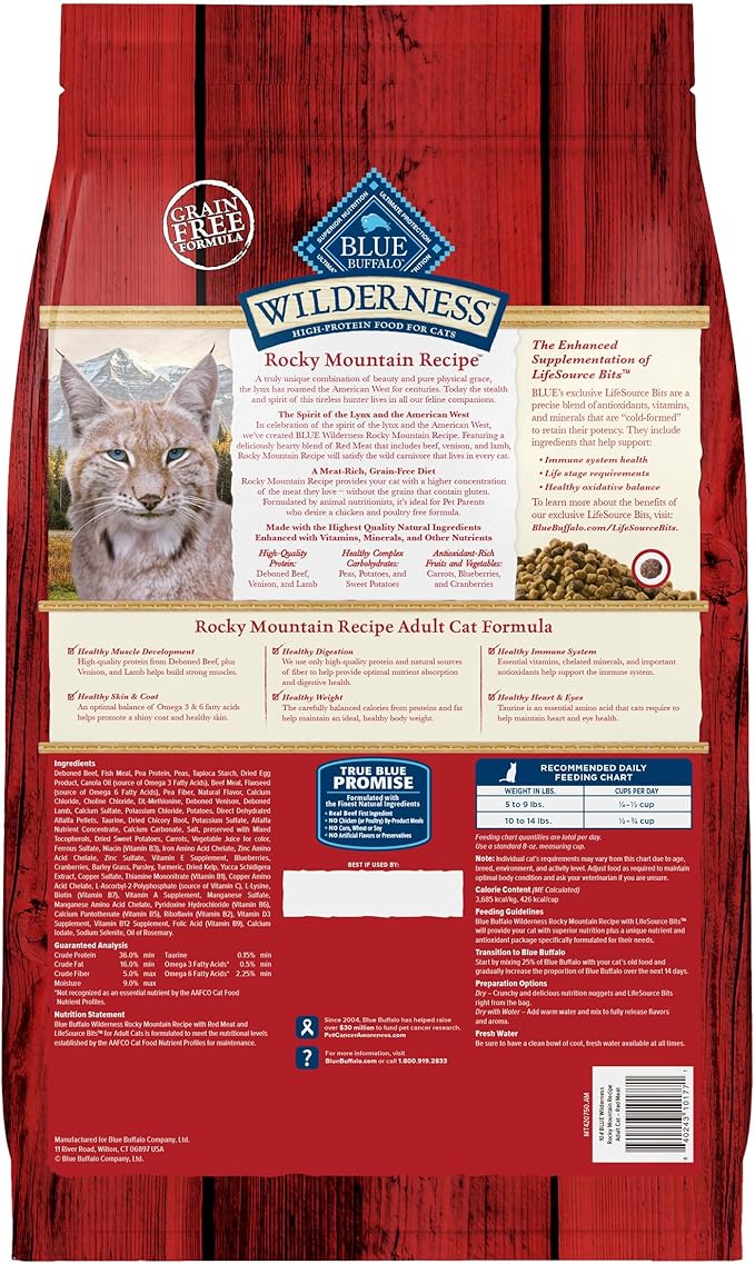 Blue Buffalo Wilderness Adult Dry Cat Food, Rocky Mountain Recipe, Chicken-Free &amp; Grain-Free Recipe Made with Natural Ingredients, Red Meat, 4-lb Bag
