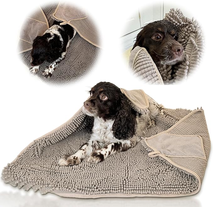 Pet 2-in-1 Dog Towel &amp; Mat – Transforms from Drying to Bath Mat, Ultra Soft, Absorbent &amp; Quick-Drying, Machine Washable Dog Towels with Detachable Non-Slip Mat and Hand Pockets (Medium)