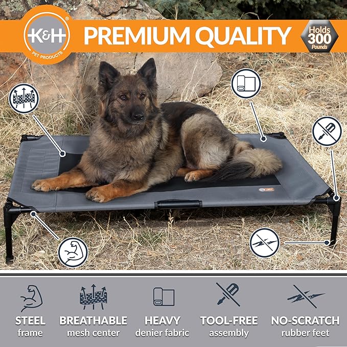 K&amp;H Pet Products Outdoor Elevated Dog Cot, Breathable Cooling Elevated Cot Hammock Pet Bed for XL Dogs, Washable Mesh Cover, Raised Metal Frame, Collapsible, Portable - Extra-Large 50 X 32 Charcoal