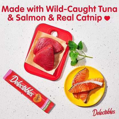 Delectables Squeeze Up Creamy Squeezable Puree, Lickable Wet Cat Treats, Grain Free, No Added Fillers, No By-Products, No Added Preservatives, 0.5 Ounces Tube Tuna &amp; Salmon with Catnip, 32 Tubes Total