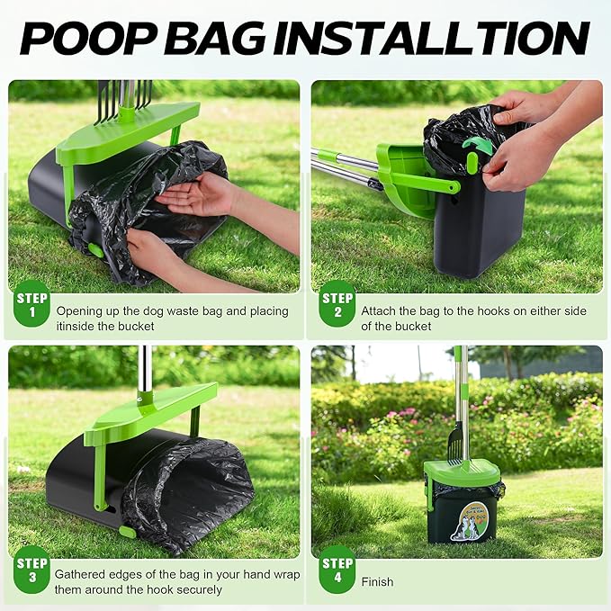 UPSKY Dog Pooper Scooper Swivel Bin &amp; Rake Kit with 100 Waste Bags,33.4" Stainless Steel Long Handle Heavy Duty Pet Poop Shovel for Large Medium Small Dogs, Odor-Proof Lid for Yard/Lawn/Outdoor Use