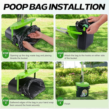 UPSKY Dog Pooper Scooper Swivel Bin &amp; Rake Kit with 100 Waste Bags,33.4" Stainless Steel Long Handle Heavy Duty Pet Poop Shovel for Large Medium Small Dogs, Odor-Proof Lid for Yard/Lawn/Outdoor Use