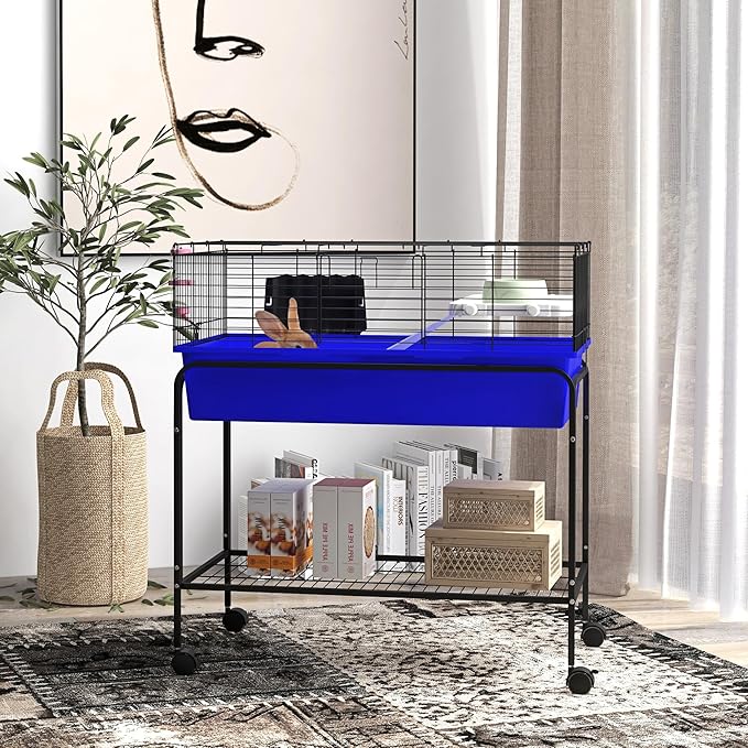 PawHut Two-Story Small Animal Cage Removable from Stand, Guinea Pig Cage with Shelf &amp; Wheels, Pet Habitat for Hedgehog, Chinchilla, Ferret, 33" x 18.5" x 35", Blue