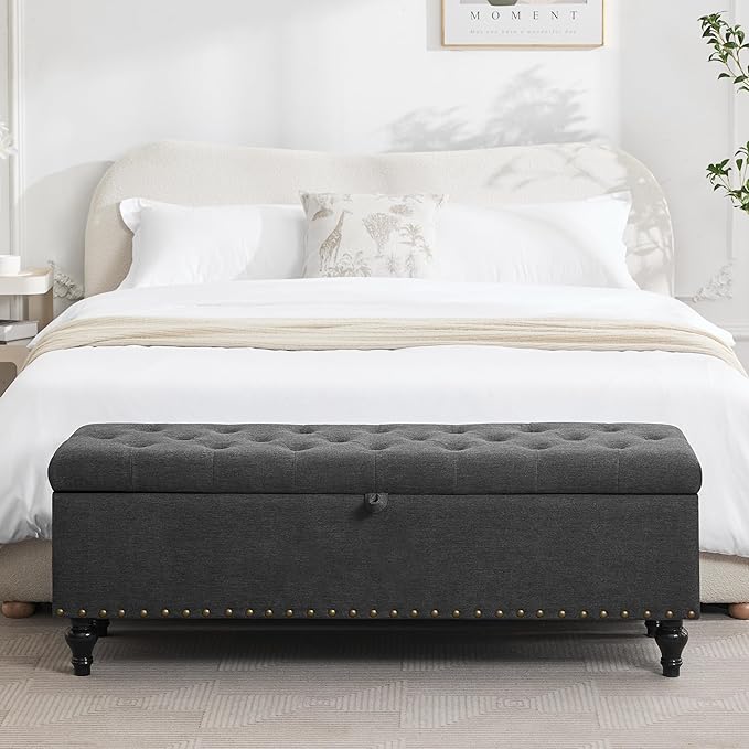 Mangodan51” Linen End of Bed Storage Bench, Tufetd Upholstered Storage Ottoman Bench with Safety Hinge, 330 lb Large Ottoman with Storages for Living Room, Entryway &amp; Bedroom, Window Benches, Grey