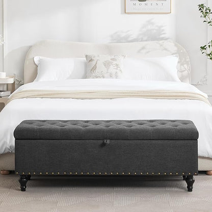 Mangodan51” Linen End of Bed Storage Bench, Tufetd Upholstered Storage Ottoman Bench with Safety Hinge, 330 lb Large Ottoman with Storages for Living Room, Entryway &amp; Bedroom, Window Benches, Grey