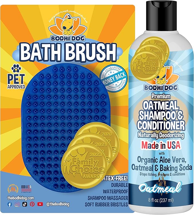 Bodhi Dog Shampoo Brush &amp; Oatmeal Shampoo and Conditioner Bundle - Grooming Essentials for Pets, Short Hair Scrubber, Soothes and Moisturizes Dry, Itchy Skin - Hydrates &amp; Nourishes